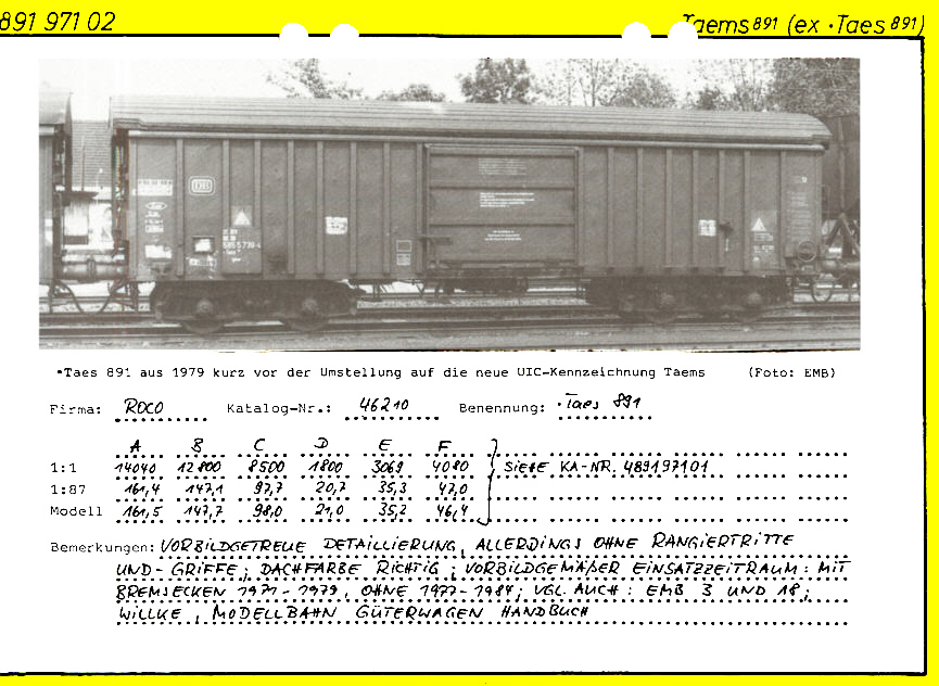 EMB 18, Wagenkarte Taems 891 Seite 1